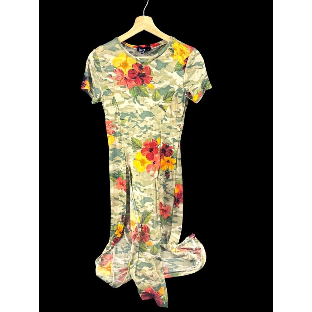 LOVE Floral Camouflage Print Short-Sleeve Maxi Dress
